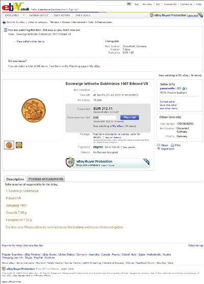 passatwolle Mint Condition 1907 Edward VII Gold Sovereign eBay Auction Listing